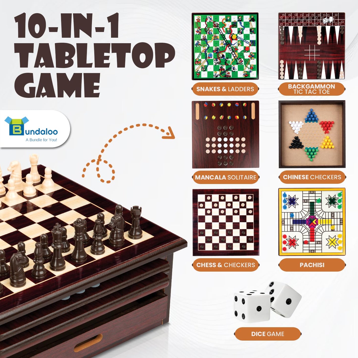Bundaloo 10-In-1 Classic Wooden Board Game Set - Chess, Checkers, Backgammon, And More - Premium Multi-Game Collection With Buil
