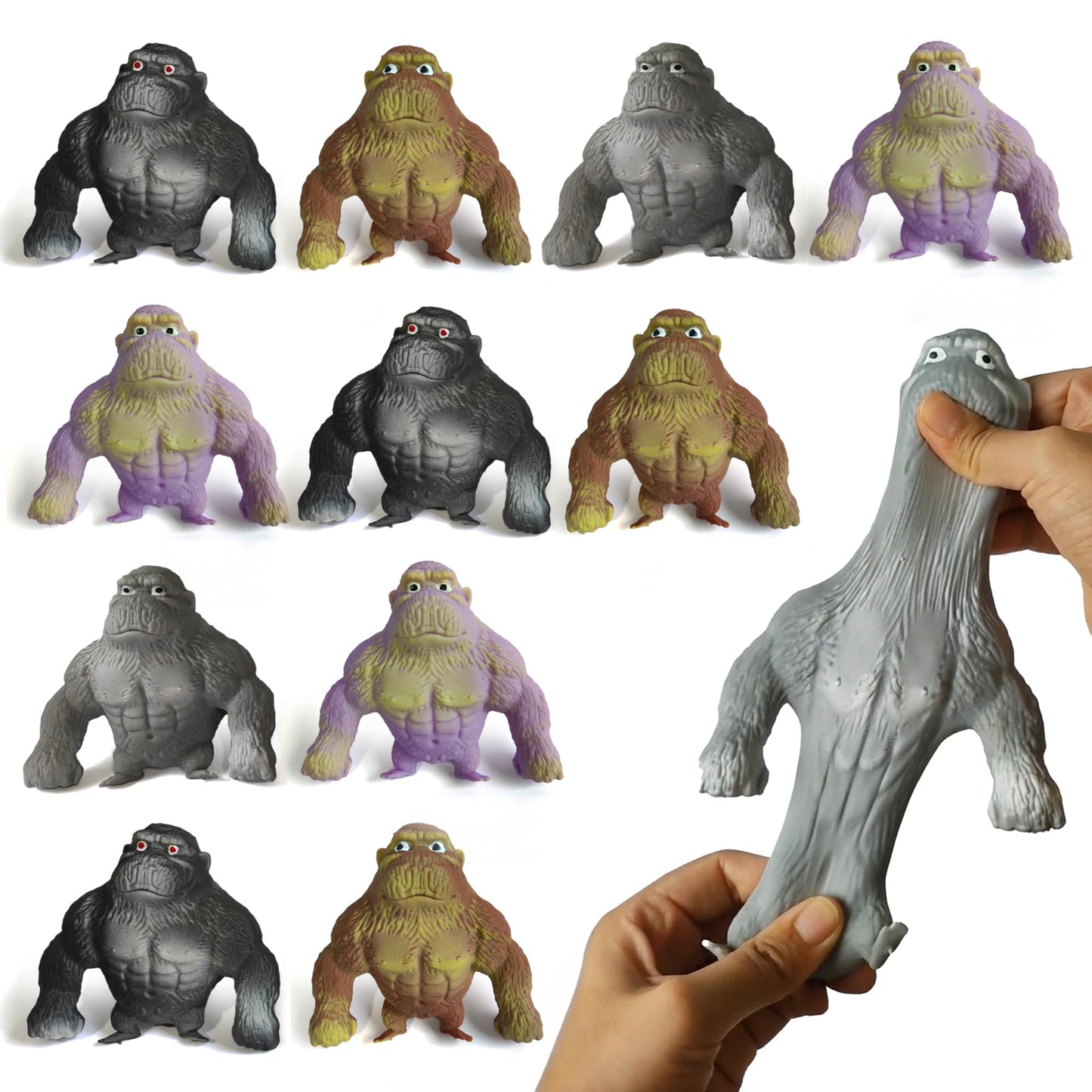 ArtCreativity Stretchy Gorilla Toys - 12 PK Fidget Toys, 3 Feet Arms, Rubber, Brown/Purple/Black, Great for Jungle Party Favors