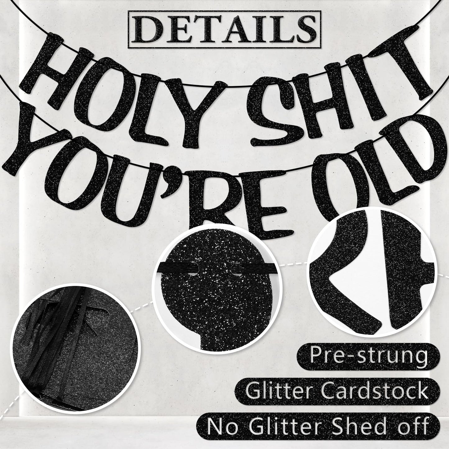 Holy Shit You'Re Old Banner Black Glitter For 30Th 40Th 50H 60Th 70Th 80Th 90Th Funny Birthday Banner Sign Bunting Party Decor Photo Booth Props (Black)