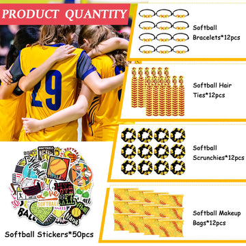 Yeyeplum 98 Pcs Softball Party Favors Include Softball Goodie Makeup Bags Bracelet Hair Bands Hair Ties Sticker for Sports Team