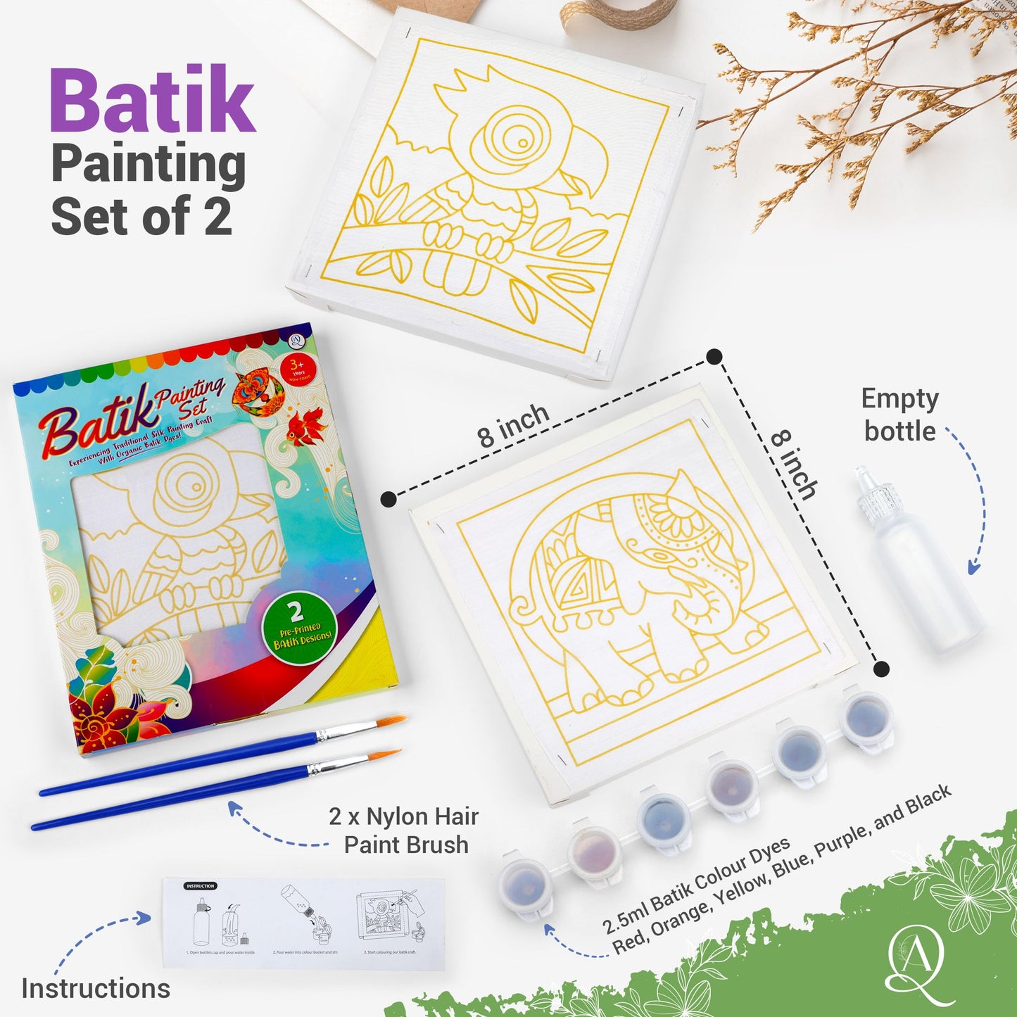 KS Innovative Malaysian Batik Organic Colors Painting Kit - 2-in-1 Art Craft Set for Adults & Kids (Parrot, Elephant)
