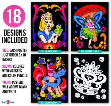Super Pack of 18 Fuzzy Coloring Posters (Unicorns & Fairy Tales Edition) - Arts & Crafts for Girls and Boys - Great for After Sc