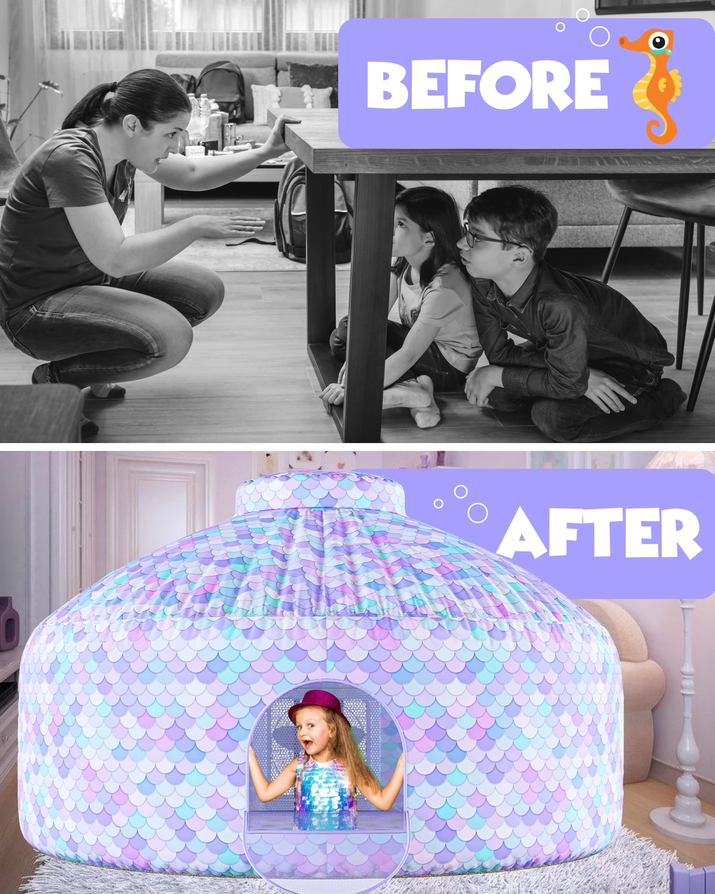 Skywin Inflatable Air Tent Fort for Kids - Large Mermaid Playhouse with Door, Purple, Polyester, Easy Setup and Storage