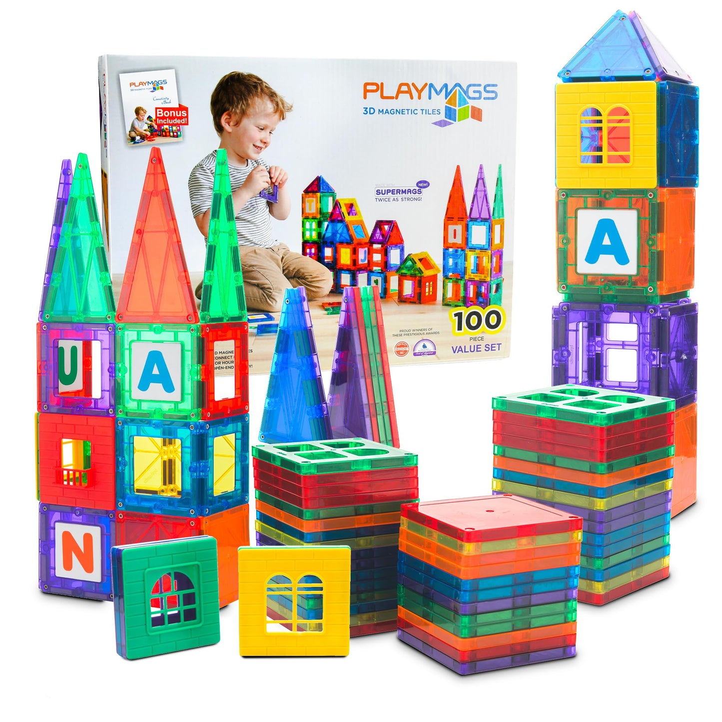 Playmags 100-Piece Magnetic Tiles Building Blocks Set, 3D Magnet Tiles For Kids Boys Girls, Educational Stem Toys For Toddlers…