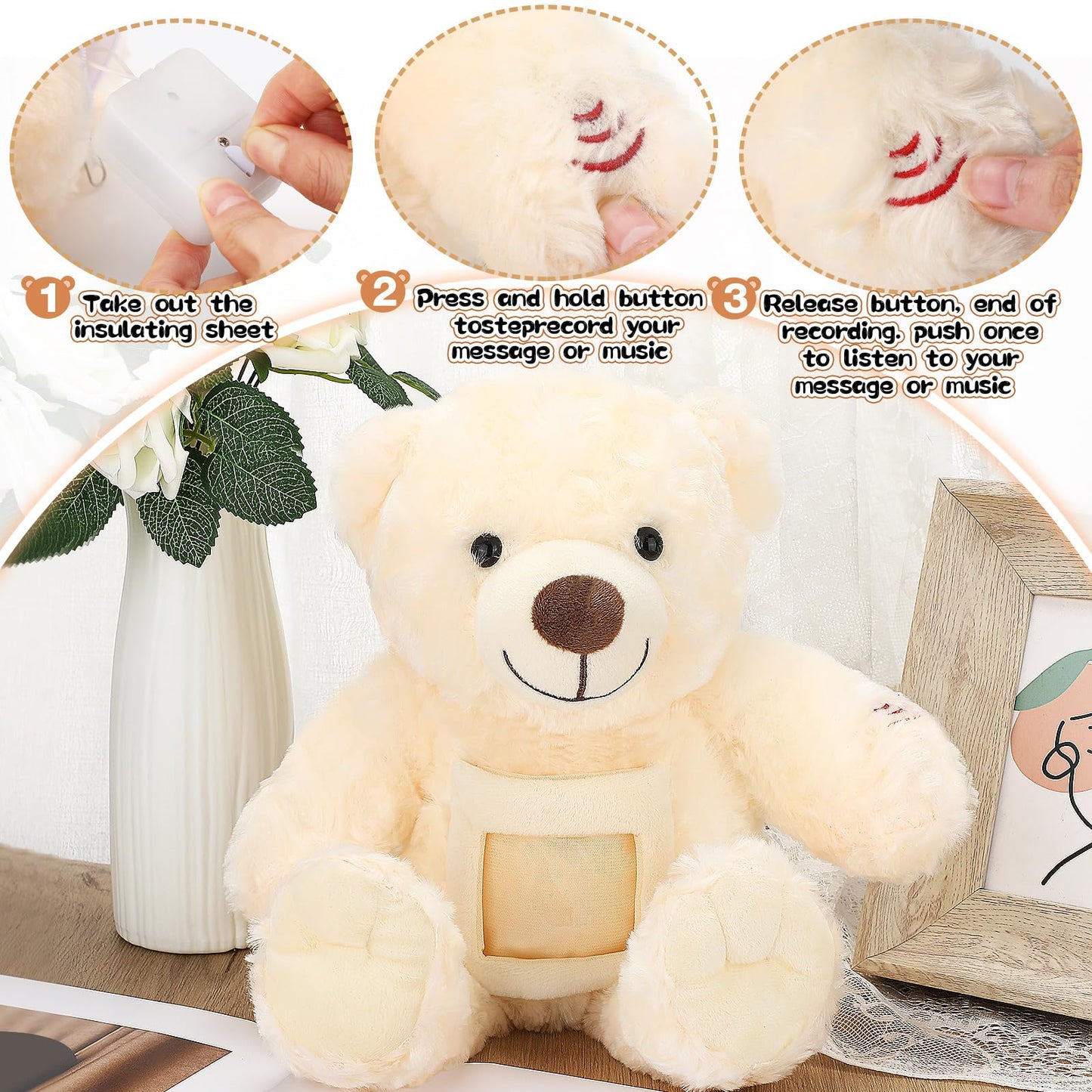 Leyndo Bear With Voice Recording Remembrance Stuffed Animal With Picture Recordable Messages Memorial Toy For Baby Shower Birthday Gift, Recording Gifts(Beige, 18 Inch)