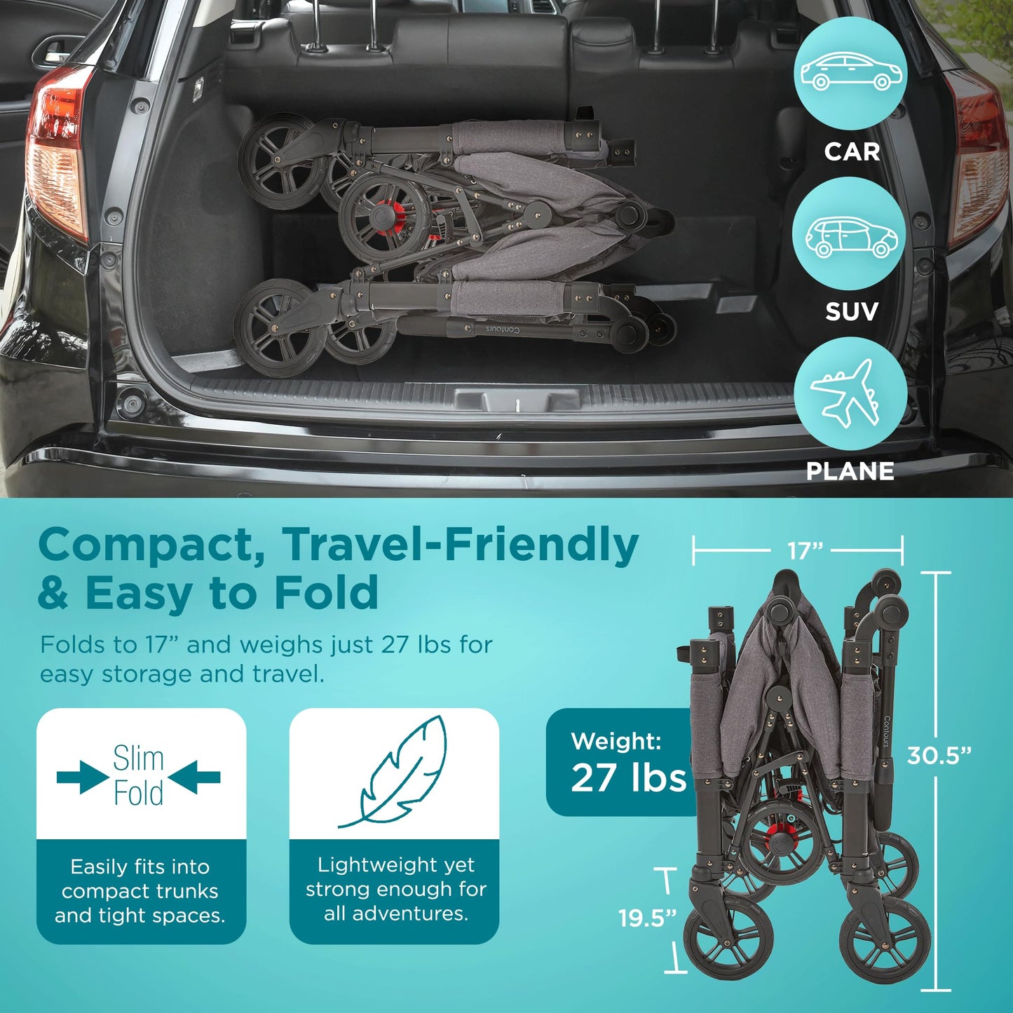 Contours Curve 360 Lightweight Double Baby Stroller Wagon for 2 Kids, Fits Infant Car Seats, Ultra Maneuverable, Easy in and Out
