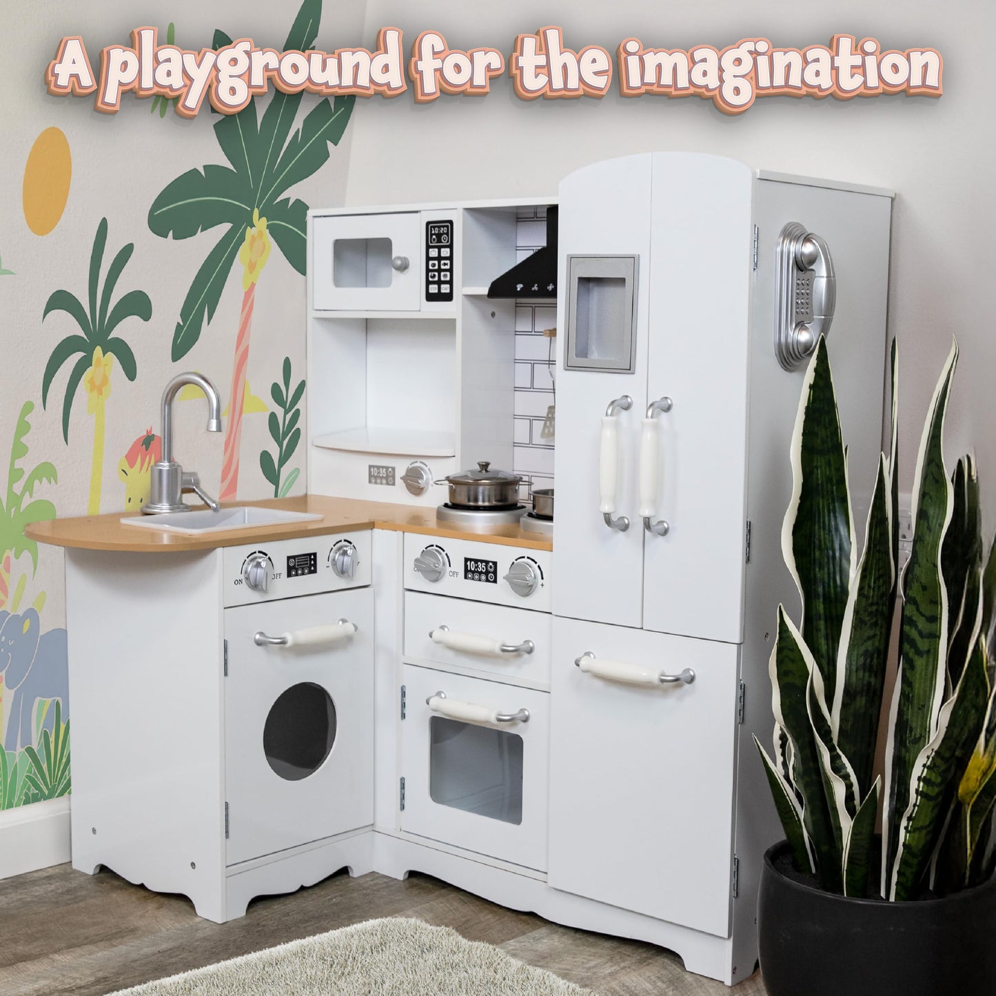 Sunnydaze Cozy Corner Interactive Play Kitchen Set For Kids - Wooden Kitchen Playset With Stainless Steel Accessories - White