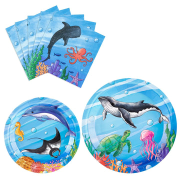 Wernnsai Ocean Party Plates And Napkins Set - 48 Pcs Ocean Theme Party Decorations For Boys Kids Under The Sea Party Tableware Set For 16 Guests Sea Animal Underwater Birthday Baby Shower Party