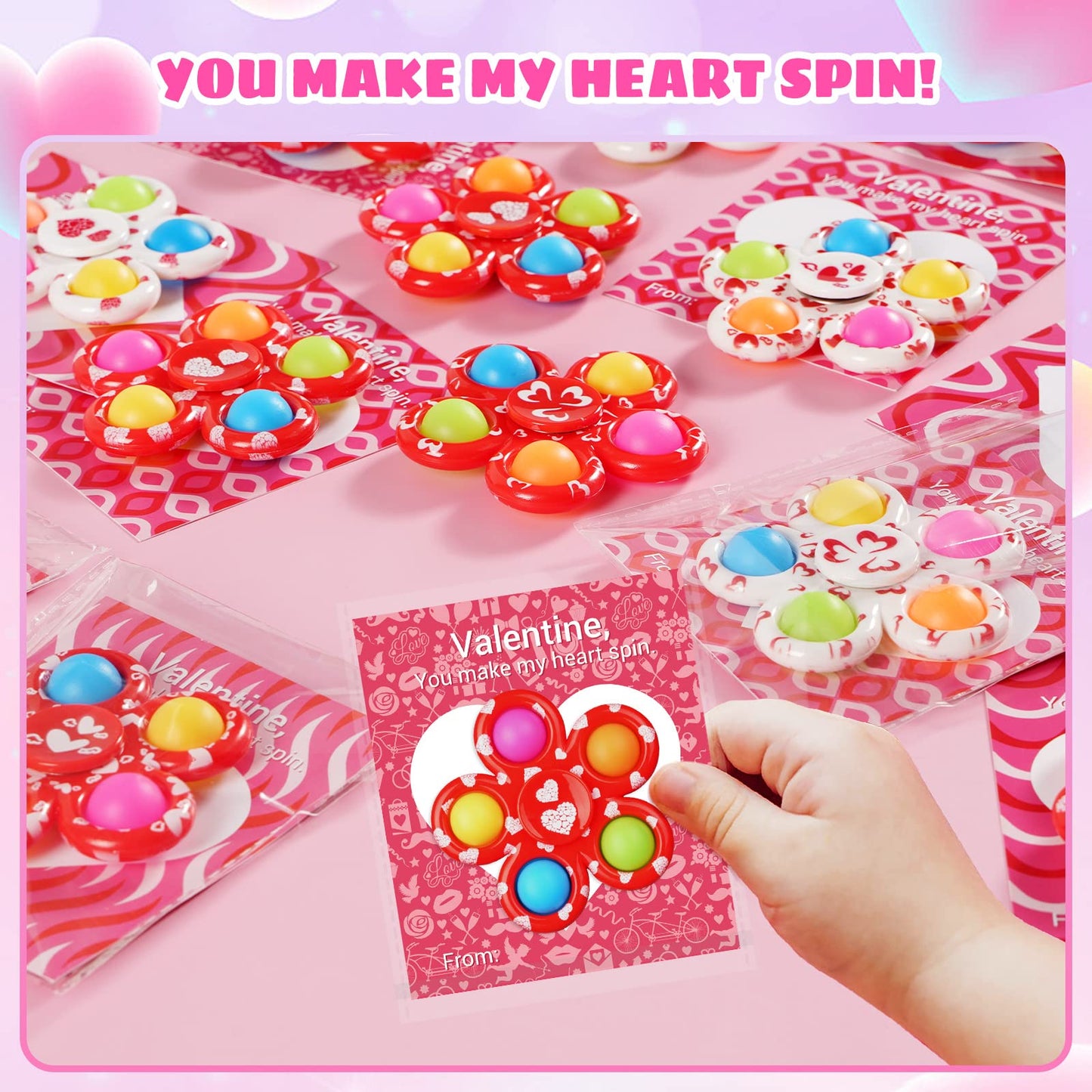 Scione 24 Pack Valentine'S Gifts Cards For Kids With Fidget Spinners, Valentine Classroom Pop Bubble Fidget Toys Party Favors, School Classmates Prizes Exchange Gifts Bulk Goodie Bag Fillers