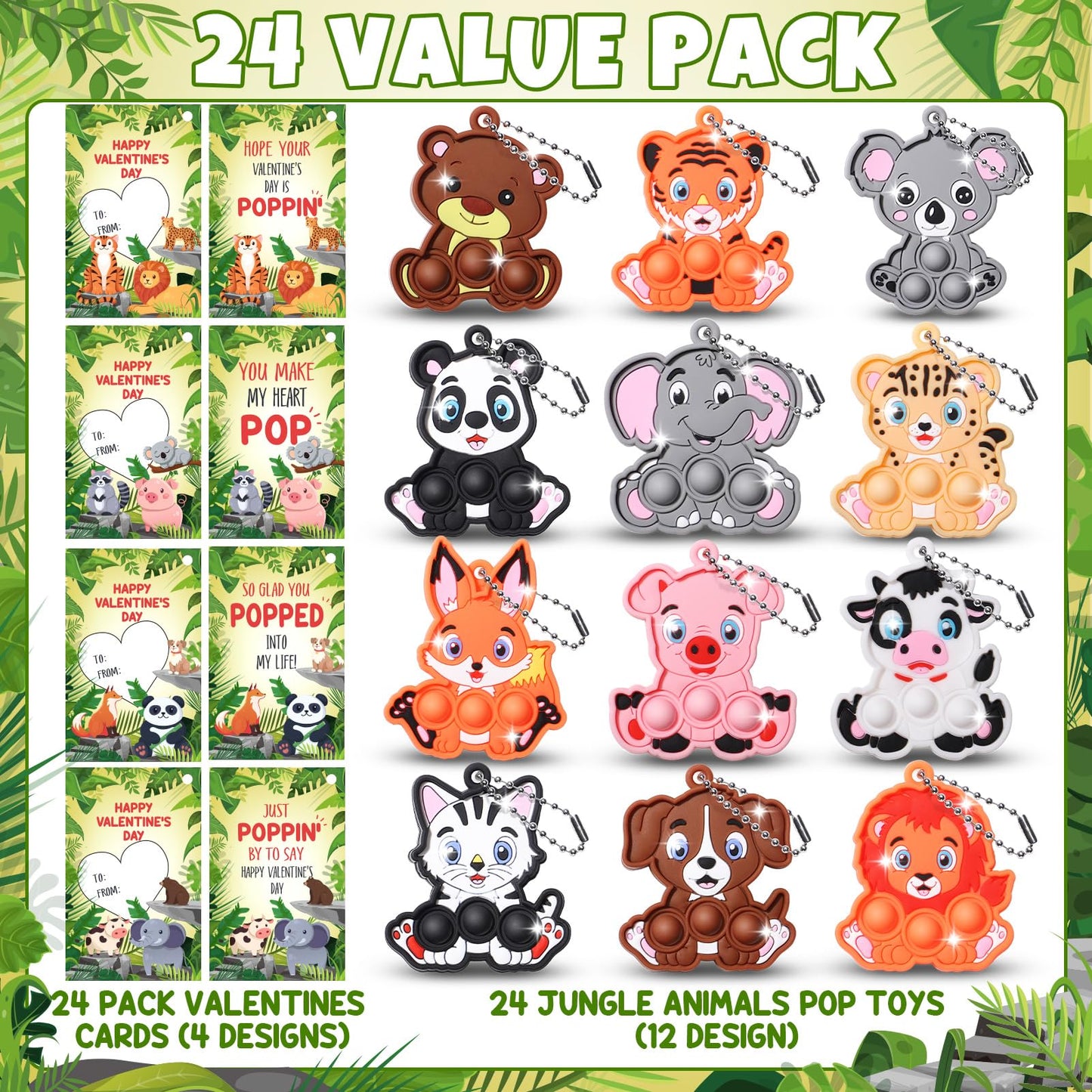 Asoulin Valentines Day Gifts For Kids, 24Pack Jungle Animals Pop Fidget Toys With Valentines Day Cards For Kids School Classroom