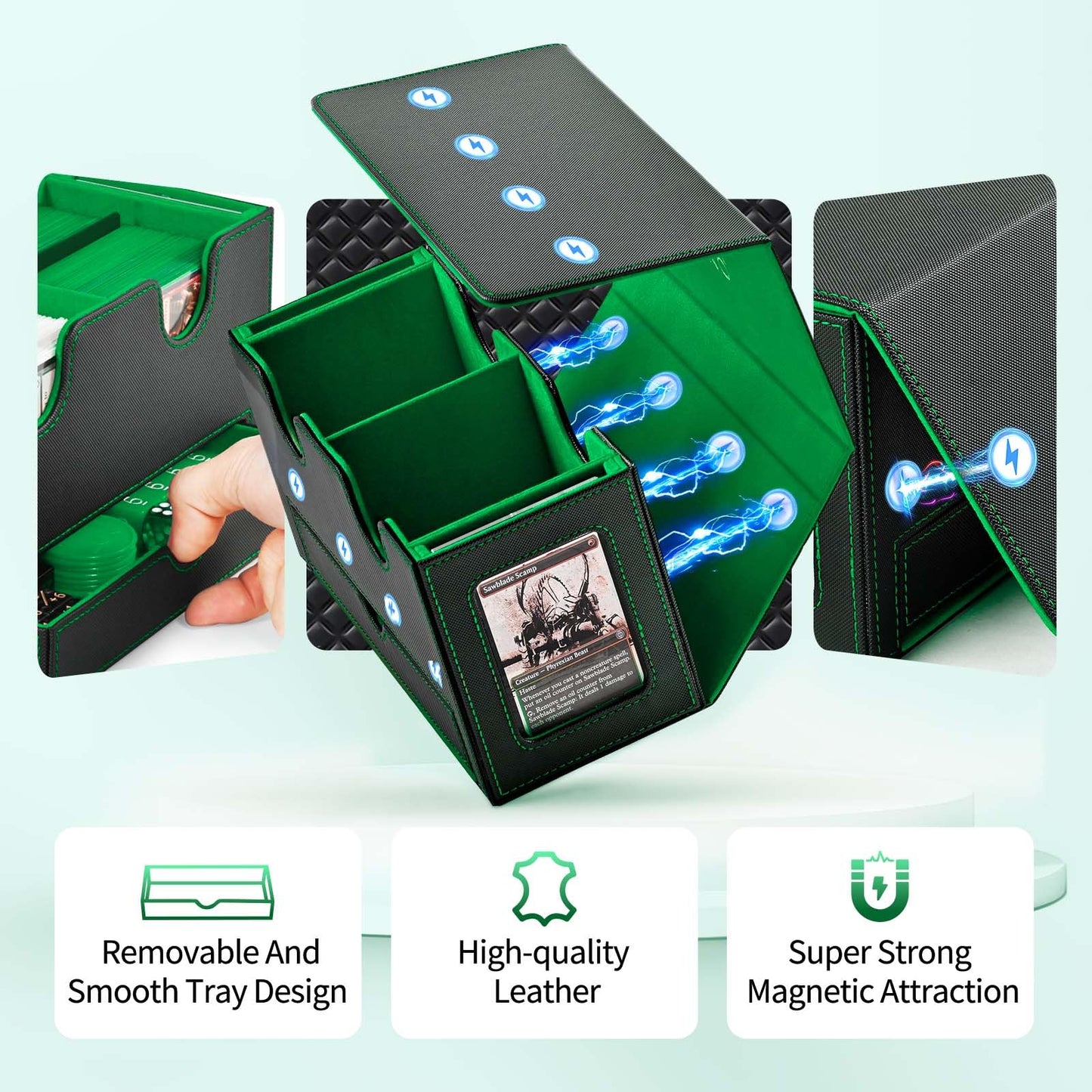 Uaono Card Deck Box For Mtg, Double Card Storage Box With 2 Commander Display & 1 Dice Tray, Fits 200+ Double Sleeved Cards, Card Organizer For Ccg Tcg Sports Cards (Black Green)