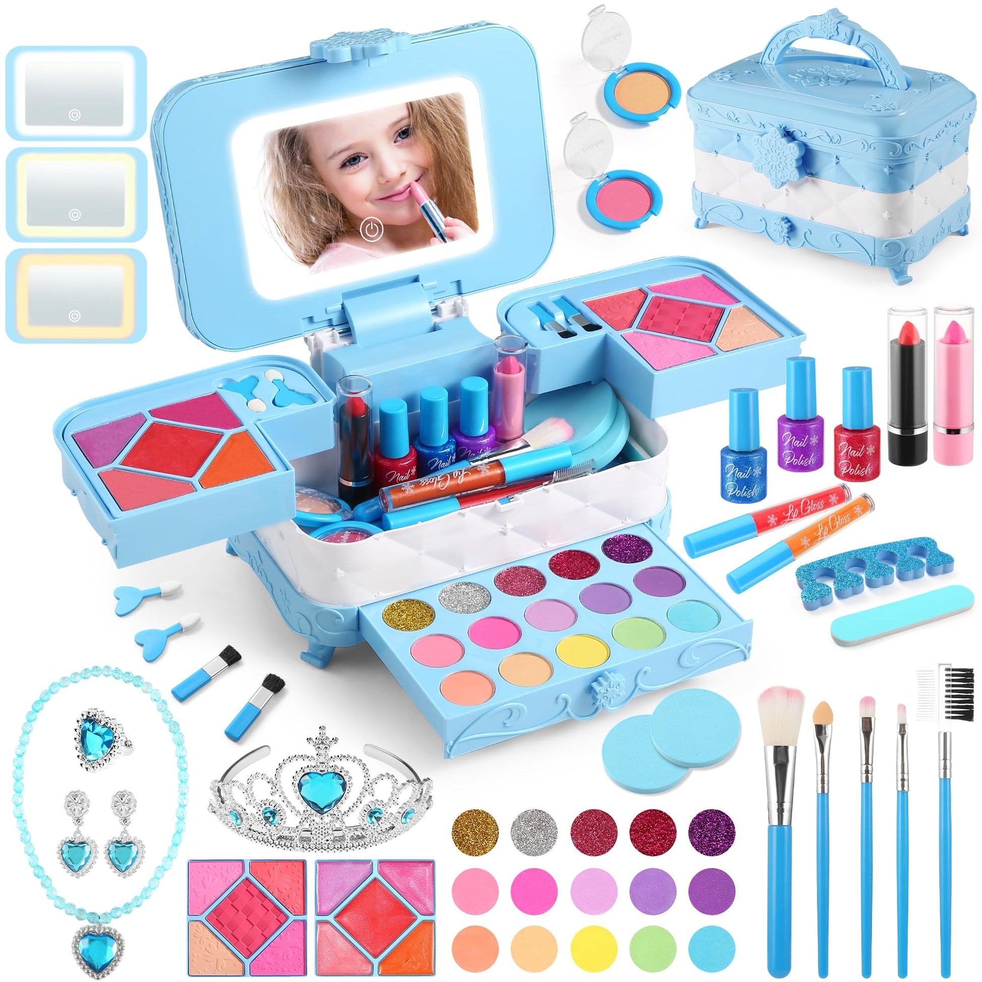 Yasinkidz 57 In 1 Kids Makeup Kit With 3-Color Led Mirror, Real Washable, Perfect Girl Birthday Gift, Age 3+