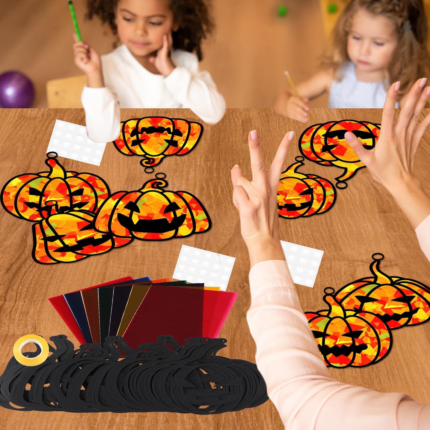 32 Sets Fall Halloween Pumpkin Suncatchers Craft Kit DIY Window Stained Glass Effect Halloween Pumpkin Paper Craft Home School C