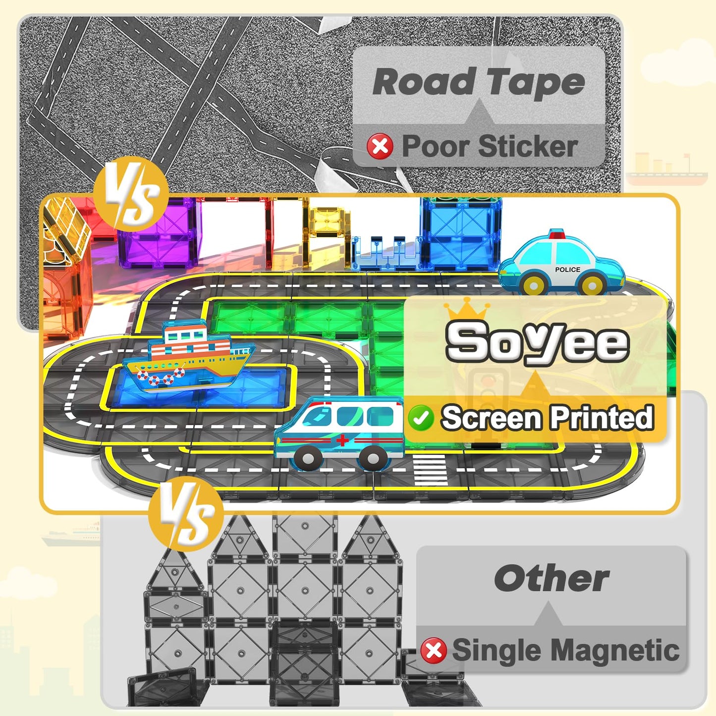 Soyee Magnetic Tiles Road Cars Toys Magnetic Building Blocks Boys Toys Ages 3 4 5 6 7 8 Sensory Preschool Construction Toddler Toys Gifts For 3+ Year Old Boys Girls