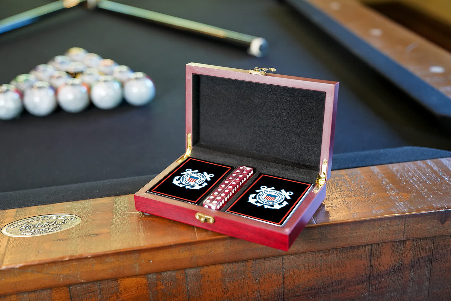 Military Gift Shop Uscg Playing Cards With Dice - Wooden Keepsake Box Adorned With Metal Uscg Medallion.- Veteran Owned Business