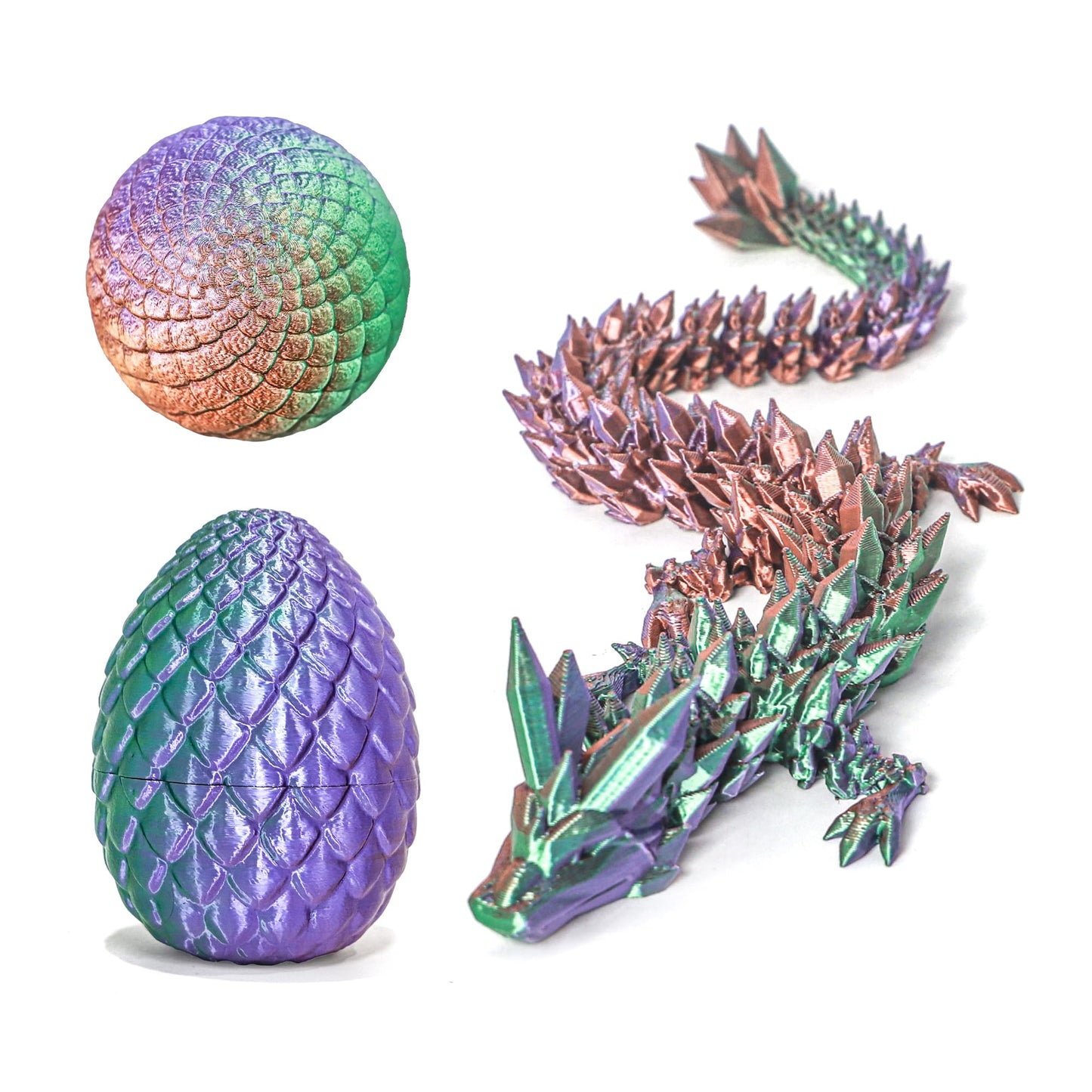 Flavery 3D Printed Dragon In Egg - Green Purple Copper - 5.1 Inch Tricolor Egg With Flexible Crystal Dragon Inside, Colorful Fid