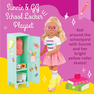 Glitter Girls - 14-Inch Poseable Doll Set - Blonde Hair & Green Eyes - School Locker, Roller Skates & Accessories - Toys for Kid