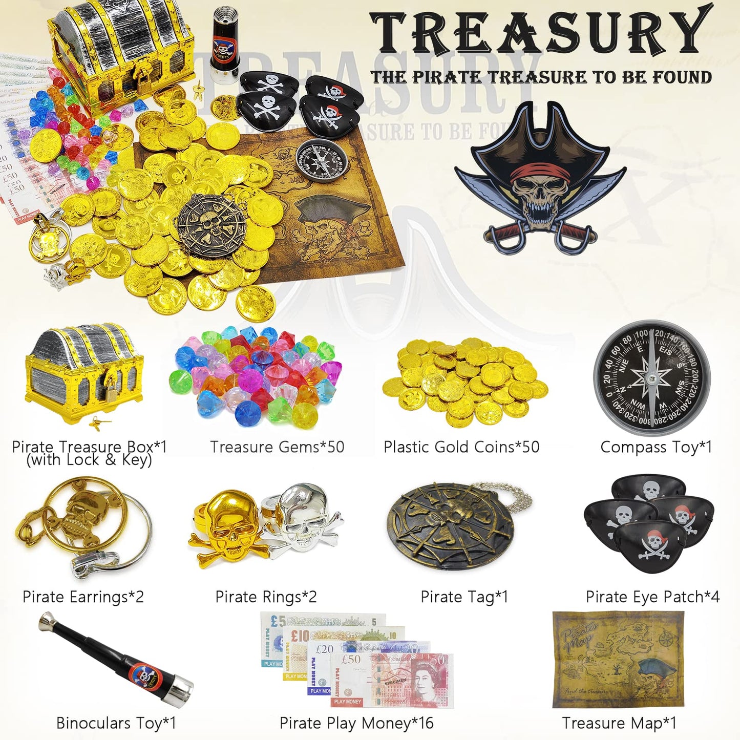 128 Pieces Kids Golden Frame Pirate Treasure Chest Toy Set Vintage Pirate Pretend Toys Include Pirate Chest, Pirate Coins, Jewel