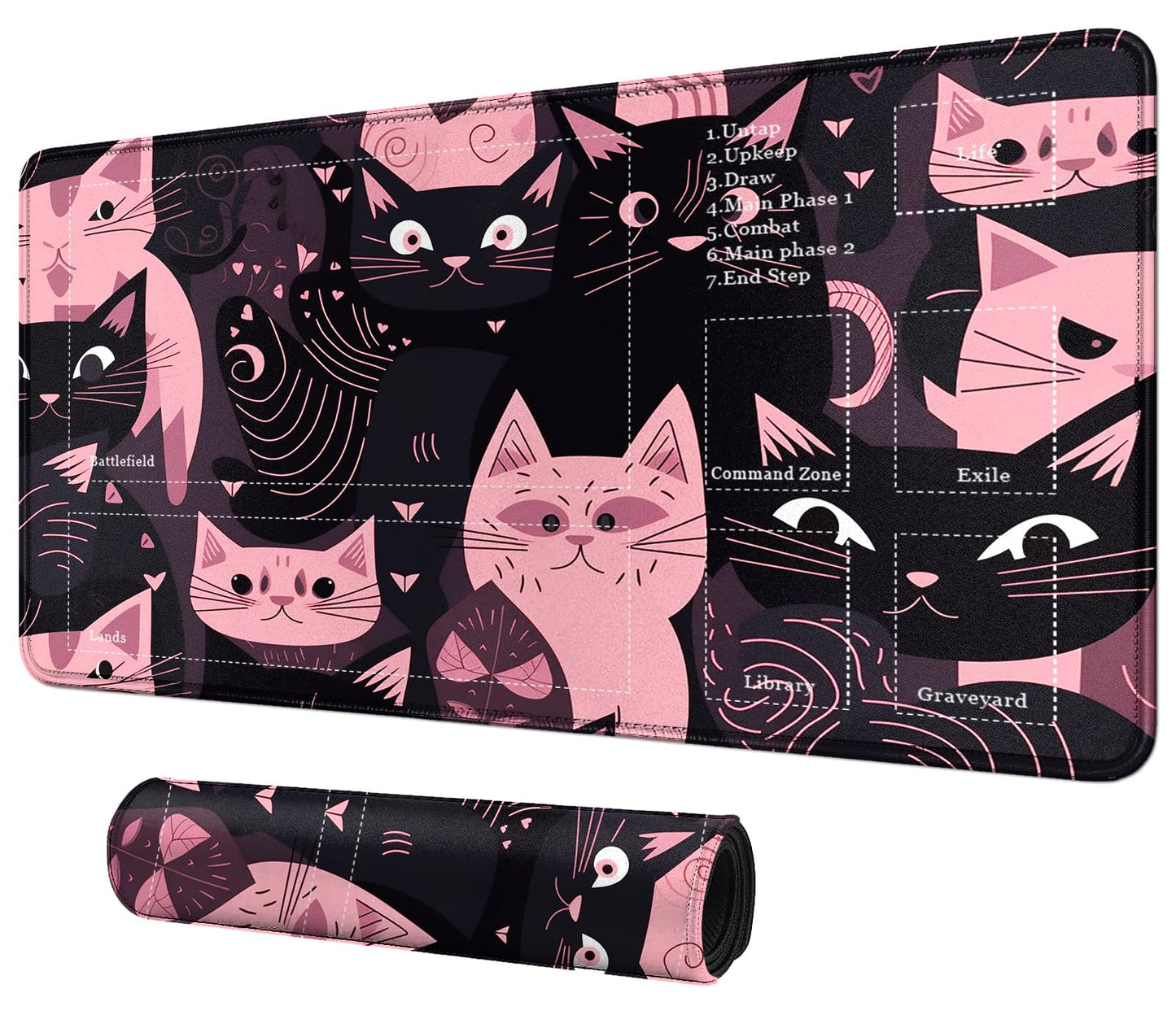 DIGTIALL Card Mat for MTG & TCG Playmat Mouse Pad 24 x 14 Game Mat for MTG RPG CCG Trading Card Game Playmats Table Mat Perfect for Card Games Video Games Computer Office Black and Pink Kitty