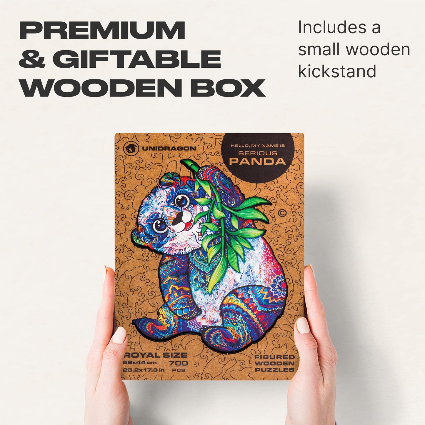 Unidragon Original Wooden Jigsaw Puzzles - Serious Panda, 700 Pcs, Royal Size 17.3''X23.2'', Beautiful Gift Package, Unique Shap