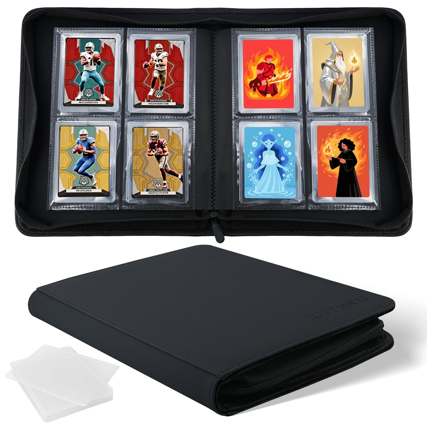 WITHYU Toploader Binder 4 Pocket for 3x4 Rigid Cards  Holds 160 Pockets with 8 Toploaders Included  Trading Card Binder Album for TCG MTG Sports Collection (Black)