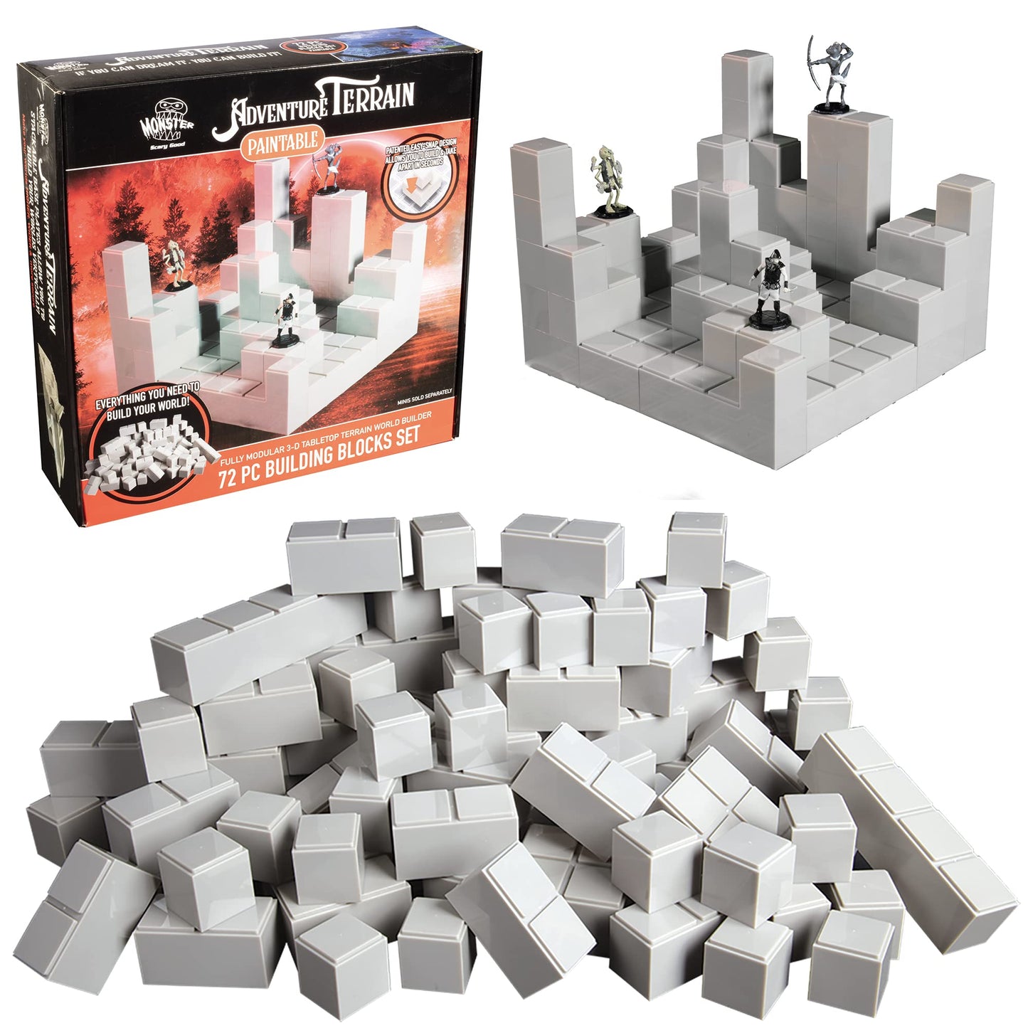 Monster Adventure Terrain- 72Pc Stackable Building Block Expansion Set - Modular & Stackable 3-D Tabletop World Builder Compatib