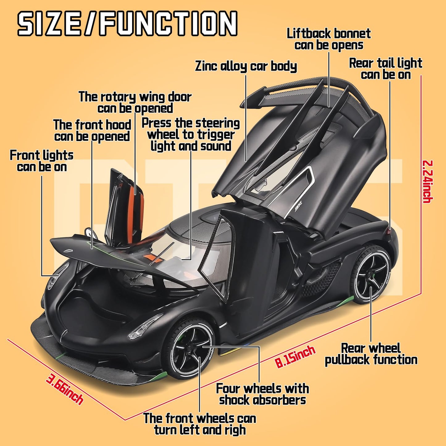 OANMYJJO 1/24 Jesko Metal Die Cast Toy Car, Pull Back with Light & Sound, Black, 8.15 x 3.66 x 2.24 inches