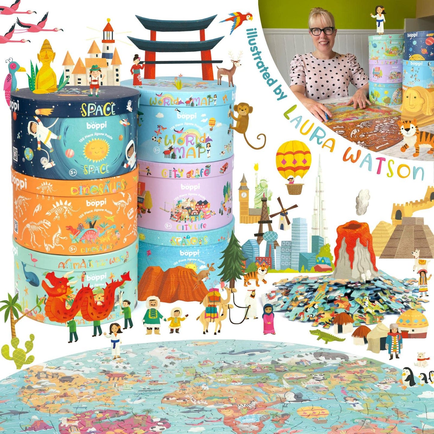 boppi World Map Round Jigsaw Puzzle, 150 Pieces, 58cm Diameter, 100% Recycled Card, Suitable for Kids Ages 5-8