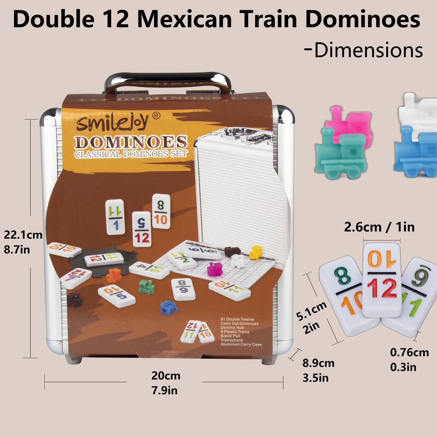 Smilejoy Double 12 Colorful Number Dot Dominoes, Mexican Train Domino Game Double Twelve Domino Set With Aluminum Case, 91 Tiles