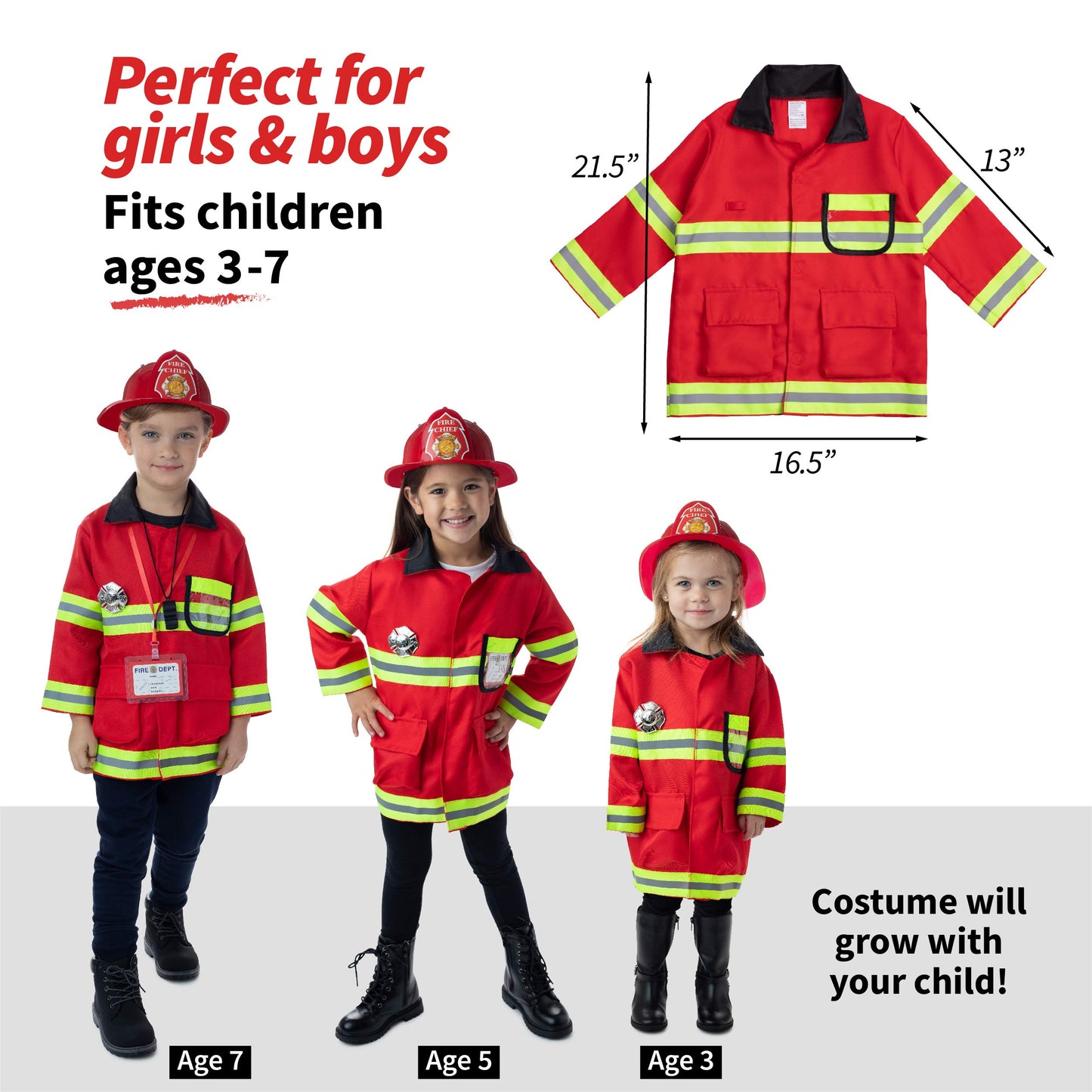 Born Toys 8 PC enhanced Washable Kids Fireman Costume Toy for Kids Boys Girls Toddlers  and Children with Complete Firefighter Accessories