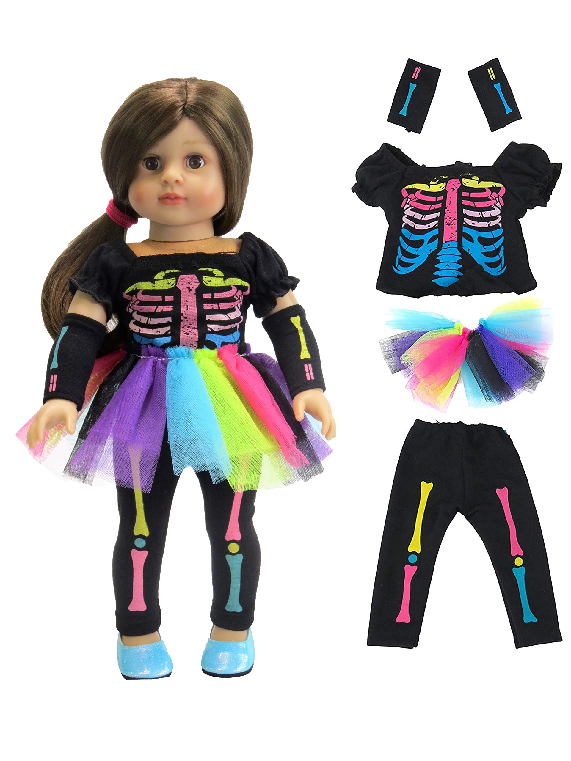American Fashion World Electric Neon Skeleton Halloween Costume for 18-inch Dolls| enhanced Quality & Trendy Design | Dolls Clothes | Outfit Fashions for Dolls for Popular Brands
