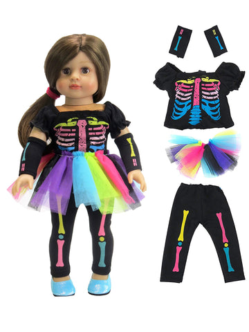 American Fashion World Electric Neon Skeleton Halloween Costume for 18-inch Dolls| enhanced Quality & Trendy Design | Dolls Clothes | Outfit Fashions for Dolls for Popular Brands