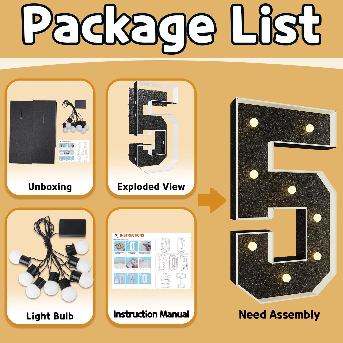 Imprsv Marquee Numbers Black 3Ft: Black Party Decor - Light Up Number 5 Large 3 Feet Tall - Birthday Decorations For Him Her 5Th