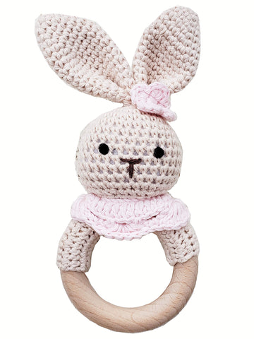 Natural Crochet Teether Toy Rattle For Baby Forest Friends Handmade Amigurumi Crochet Bunny Deer Fox On Natural Wooden Teething