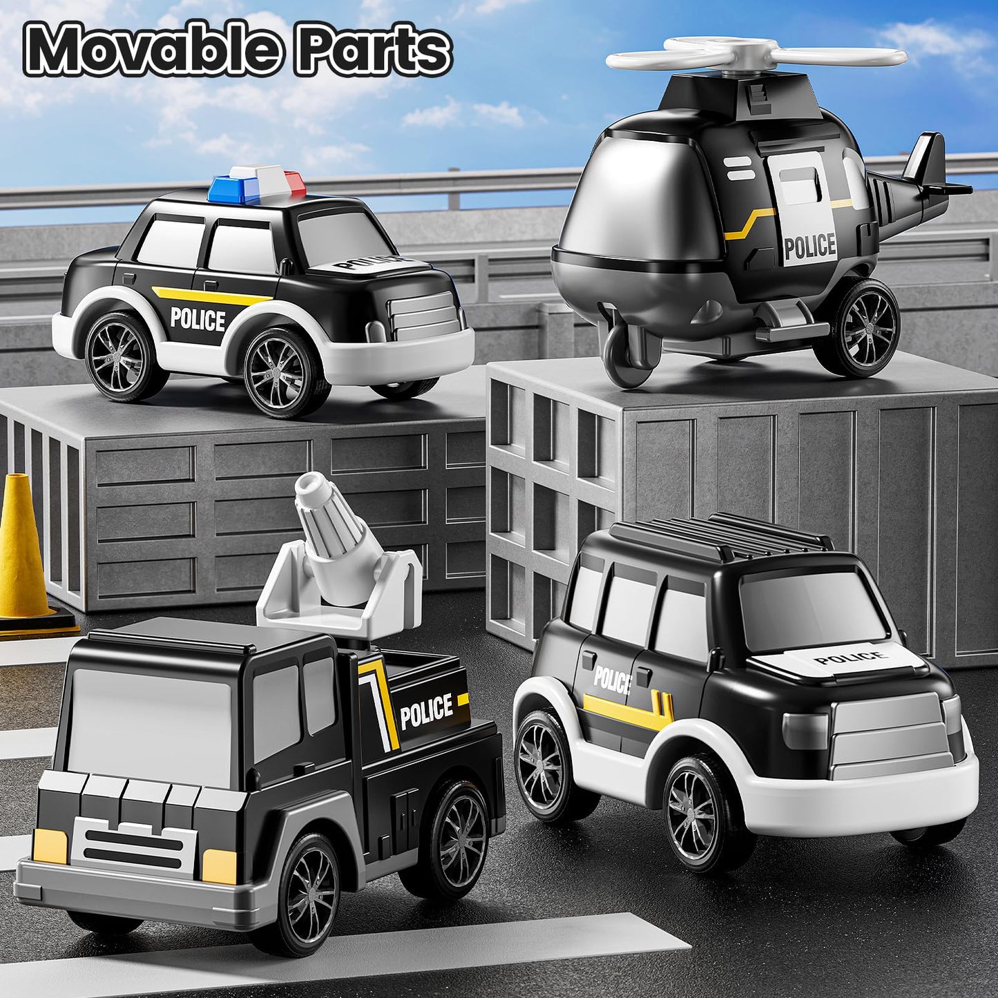 JUKUDAHU Police Truck Toy for 3 4 5 6 Years Old Boys - Carrier Vehicle Toy Set with 3 Small Cars and 1 Helicopter, Kids Firction