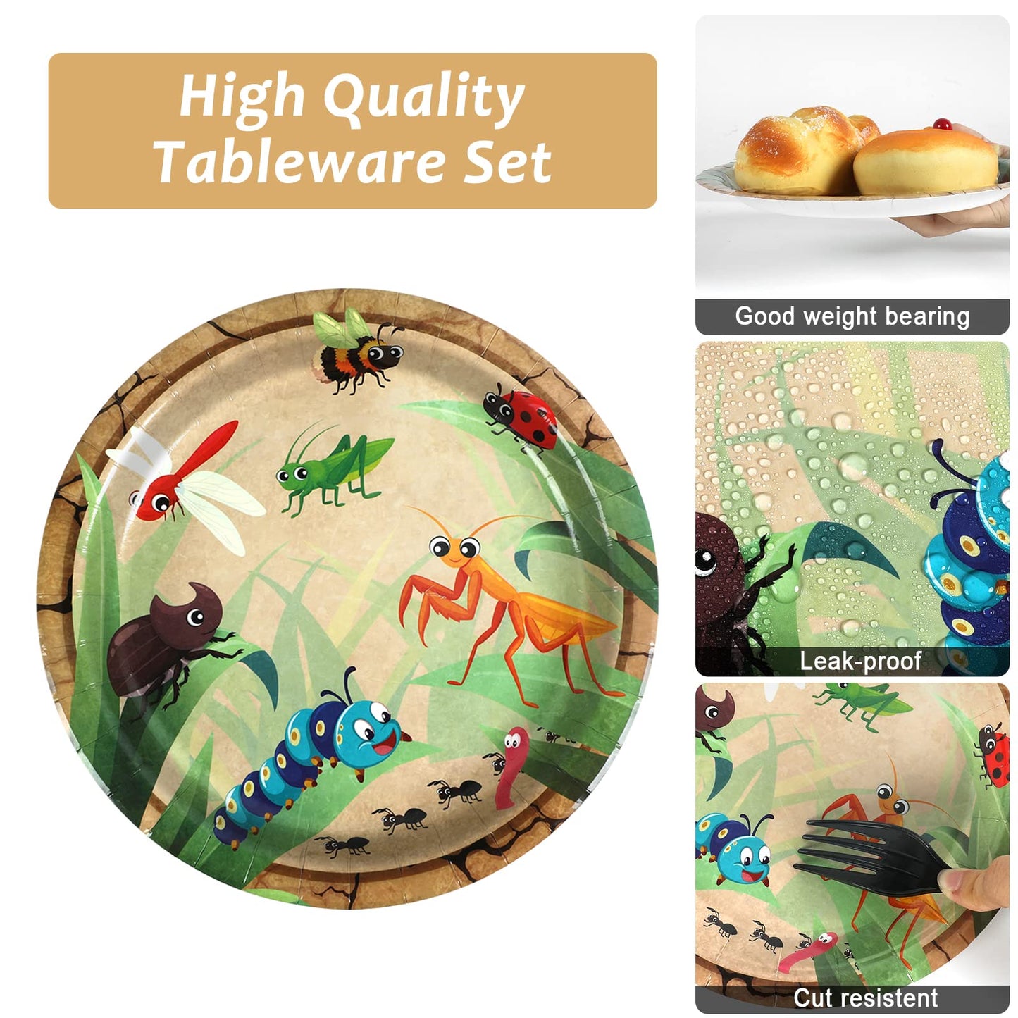 Qyeahkj 100 Pcs Bug Party Plates Napkins Supplies, Spring Summer Ladybugs Bee Reptile Birthday Party Tableware Set Insect Birthd