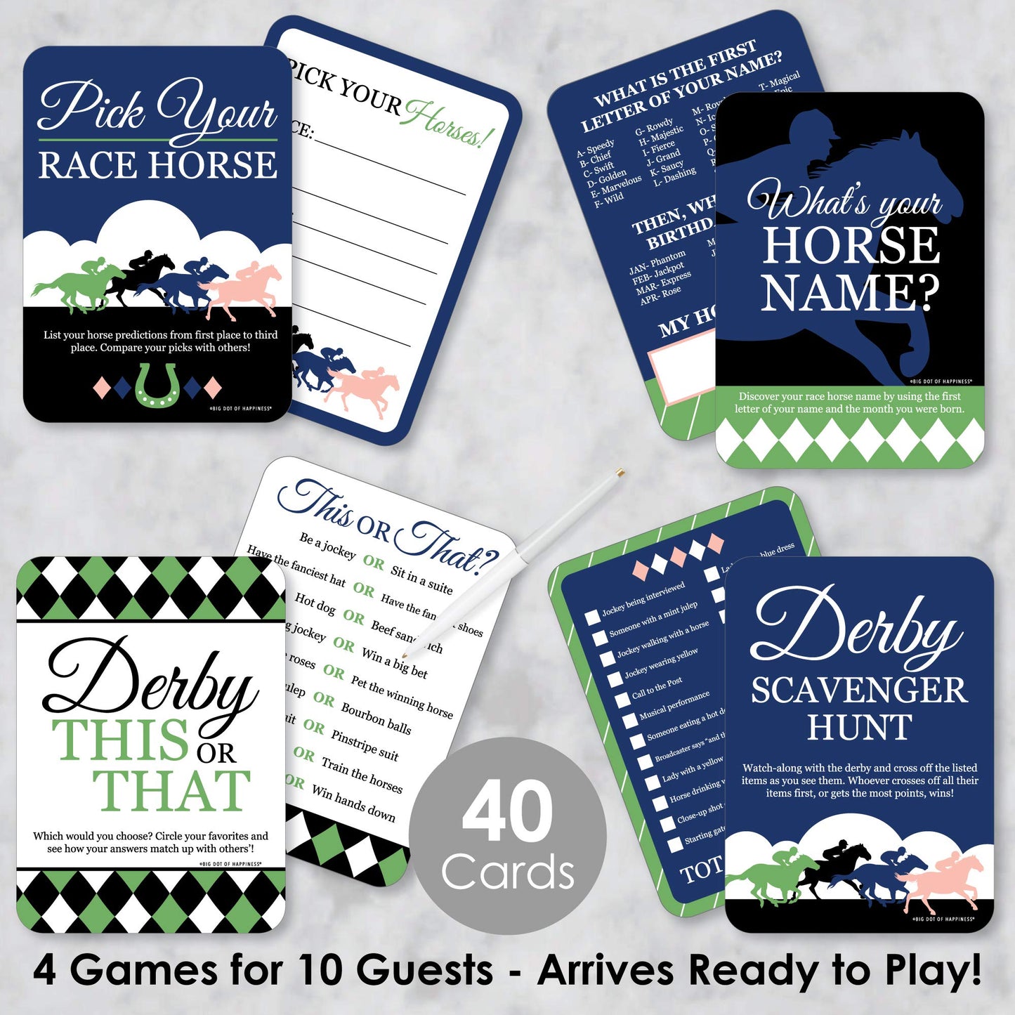 Big Dot Of Happiness Kentucky Horse Derby - 4 Horse Race Party Games - 10 Cards Each - Gamerific Bundle
