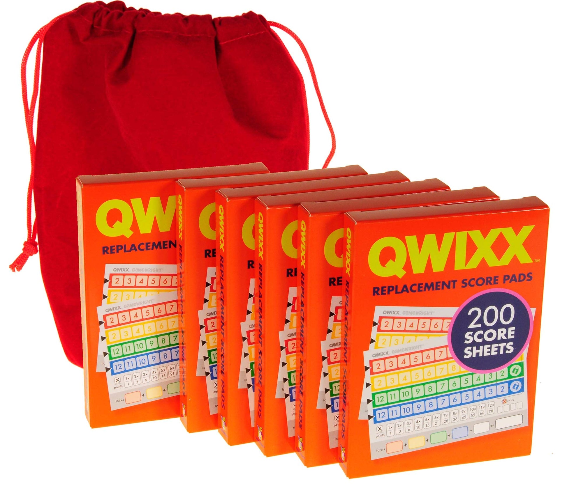 Qwixx 6 Replacement Score Pad Packs - 1,200 Score Sheets || Bonus Red Velvet Drawstring Pouch || Bundled Items