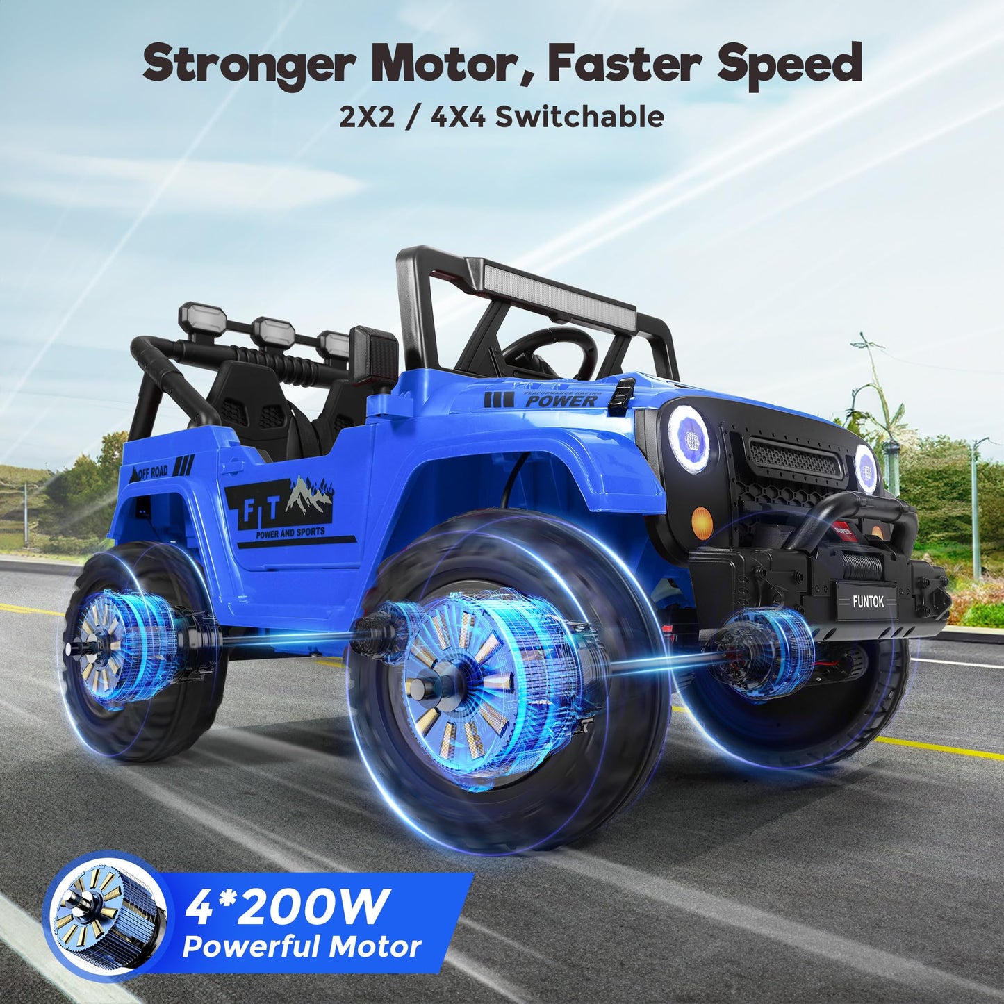 Funtok 2 Seater 24V Ride On Truck For Big Kids, 5 Mph Electric Car W/Remote Control, 20 Wide Seat, 2Wd/4Wd Switchable, 4X200W Mo