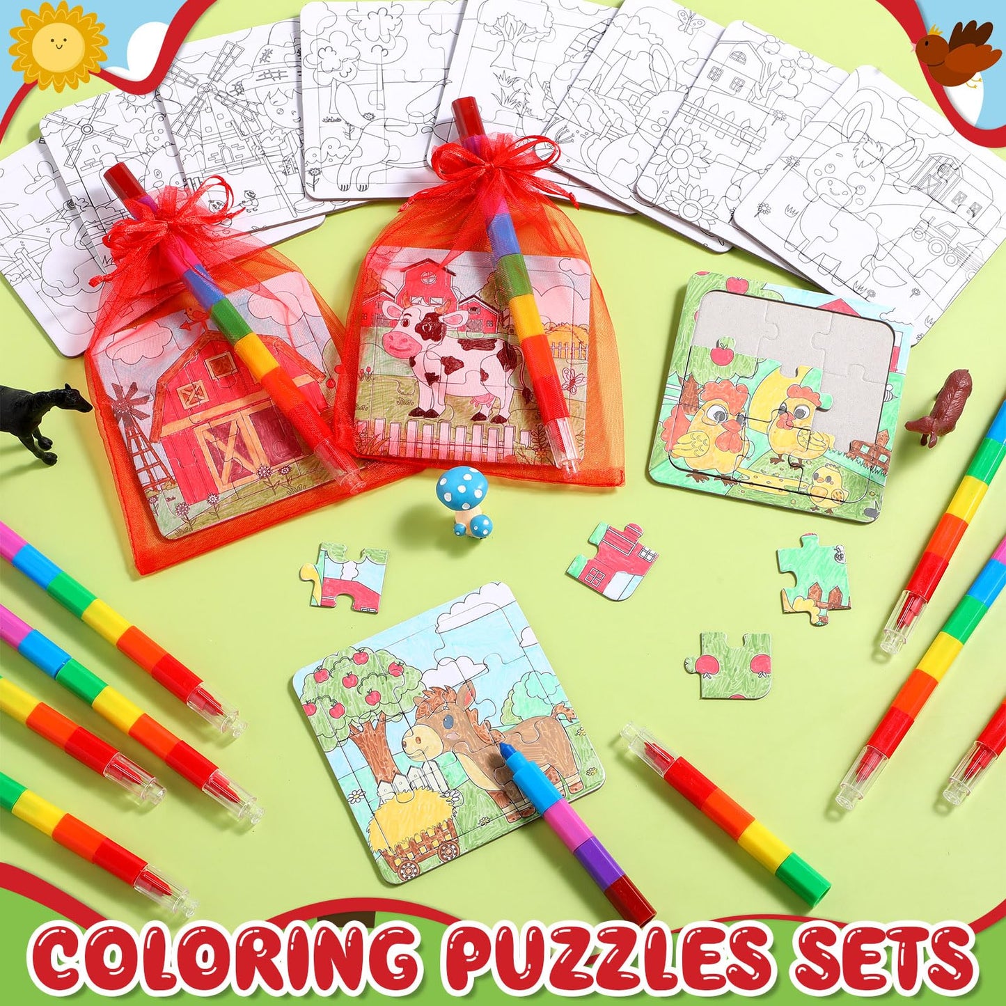 Fullhawl 12 Sets Farm Animal Puzzles Barnyard Color Your Own Puzzles DIY Barn Theme Jigsaw Crafts with 12 Stackable Crayons 12 Bags for Farmhouse Animal Gifts Birthday Party Supplies Favors