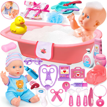 Proou Baby Doll Care Toys, 30Pcs Baby Doll Bath Set & Doctor Kit, Pretend Play Baby Doll Set, Incl Bathtub, Bathrobe, Ecg, Thermometer, Toddlers Toys Gifts For Age 3 4 5 6 Year Old Girls