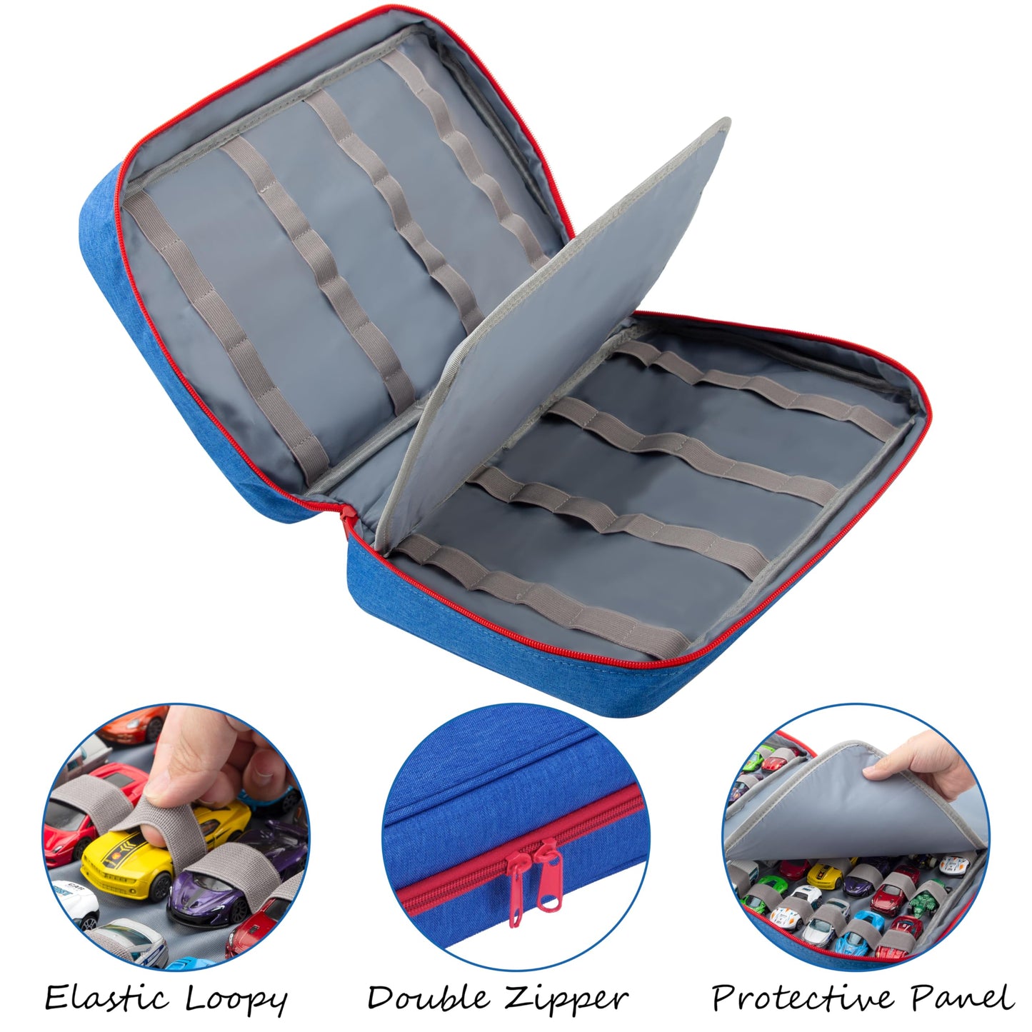 KISLANE Car Storage Case Organizer for 48 Die-Cast Vehicles, Portable 1:64 Scale, 13.78x11.42x3.15 inches, Blue, Model KL