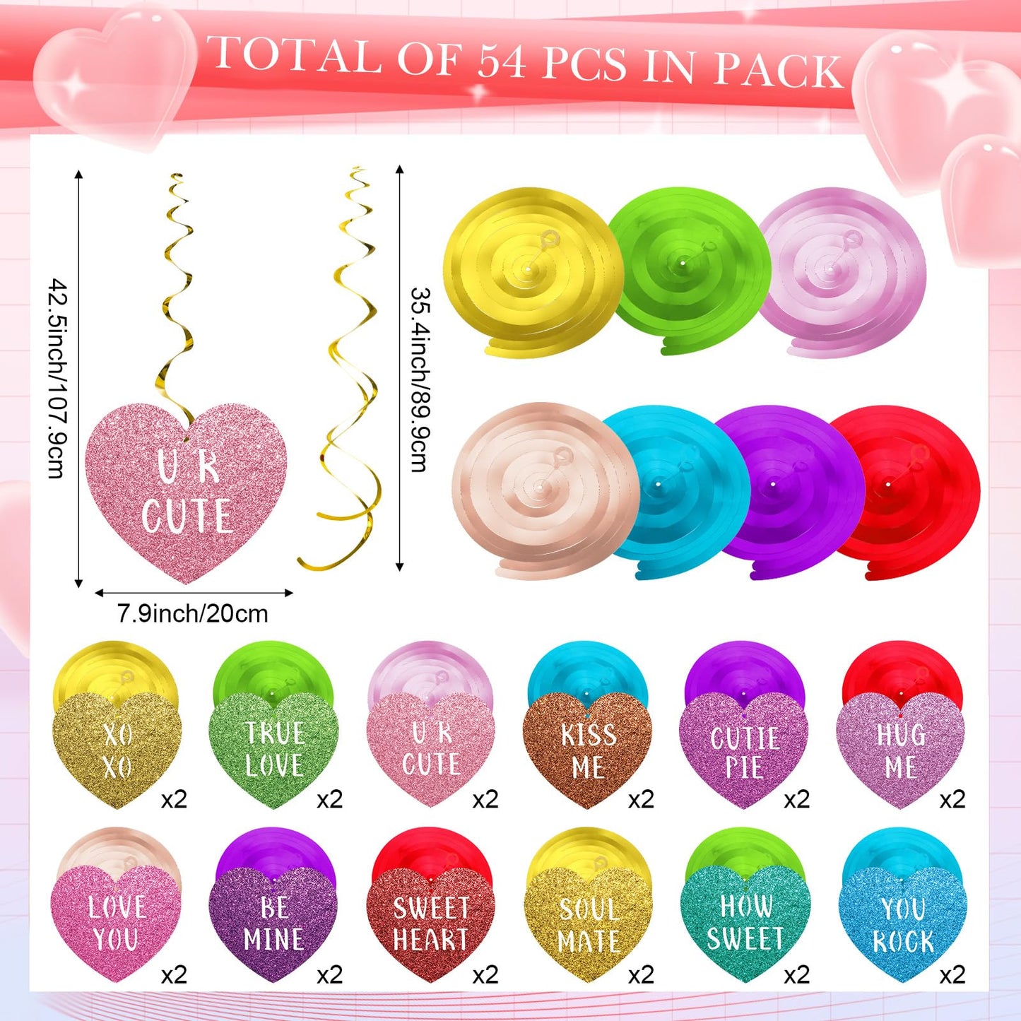 Faccito 30 Pcs Valentines Day Hanging Decorations Valentines Day Glitter Hearts Swirl Ceiling Hanging Ornaments Conversation H