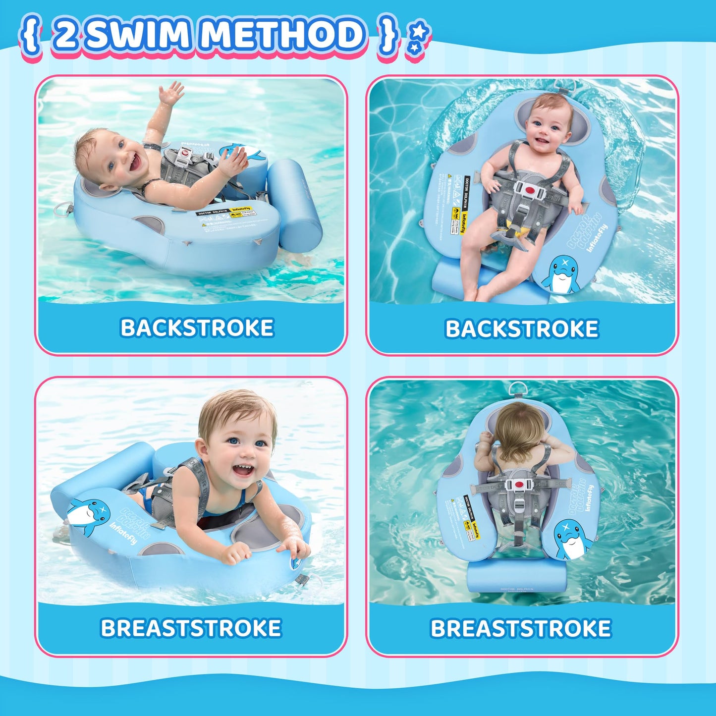 Inflatefly Baby Swim Float With Protection Sunshade Infant Pool Float Add Tail For 3-24 Months (Blue)