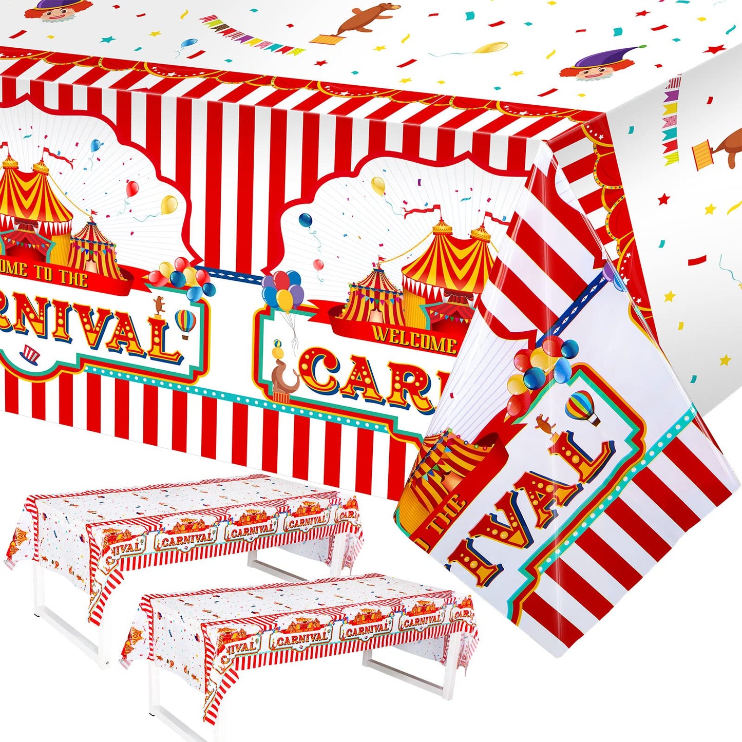 3 Pack Carnival Theme Party Tablecover Carnival Tablecloth for Carnival Theme Party Table Decorations Red and White Striped Tabl