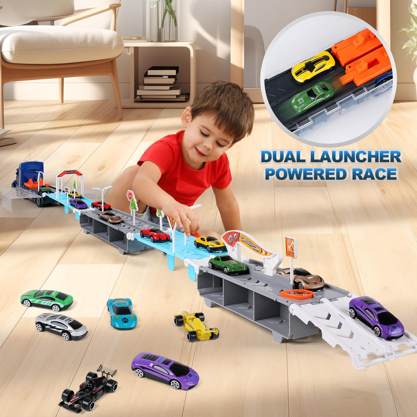 Dwi Dowellin Carrier Truck Toys for Kids,5-FT Hauler Truck with Ejection Race Track and 16 Die-Cast Metal Toy Cars,Car Toy Gift