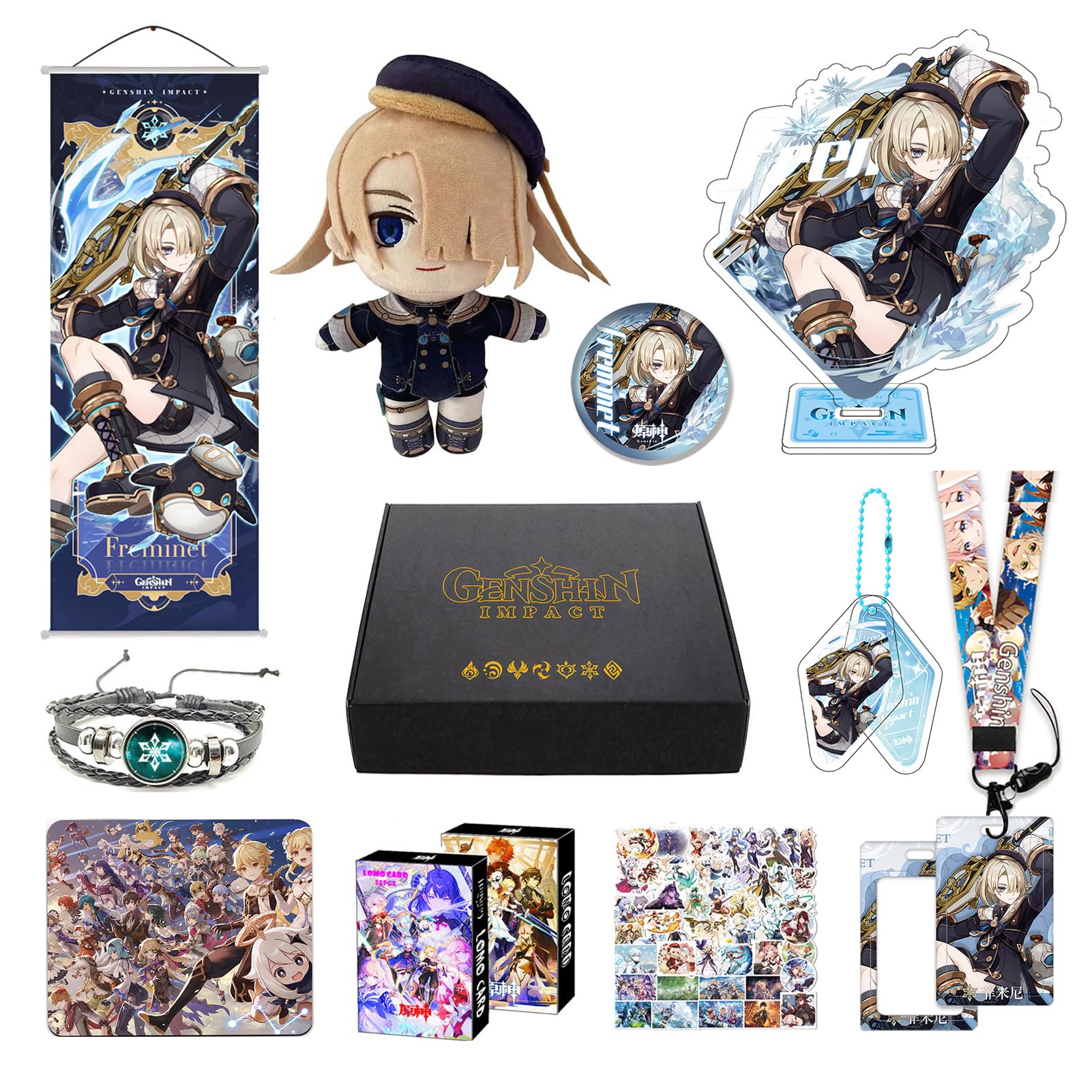 Motao Genshin Impact Box Freminet Merch Set - Plush Doll, Poster, Mouse Pad, Stand Figure, Bracelet, Badge, Keychain, Card Holde