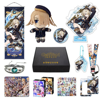 Motao Genshin Impact Box Freminet Merch Set - Plush Doll, Poster, Mouse Pad, Stand Figure, Bracelet, Badge, Keychain, Card Holde