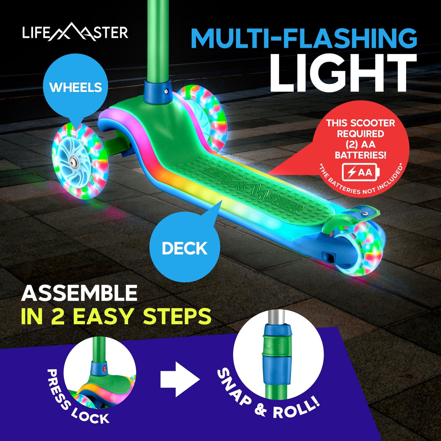 3-Wheel Kids Scooter With Multi-Color Lights On Deck & Wheels - 5-Height Adjustable Handlebar, Wide Anti-Slip Deck, Child Safety