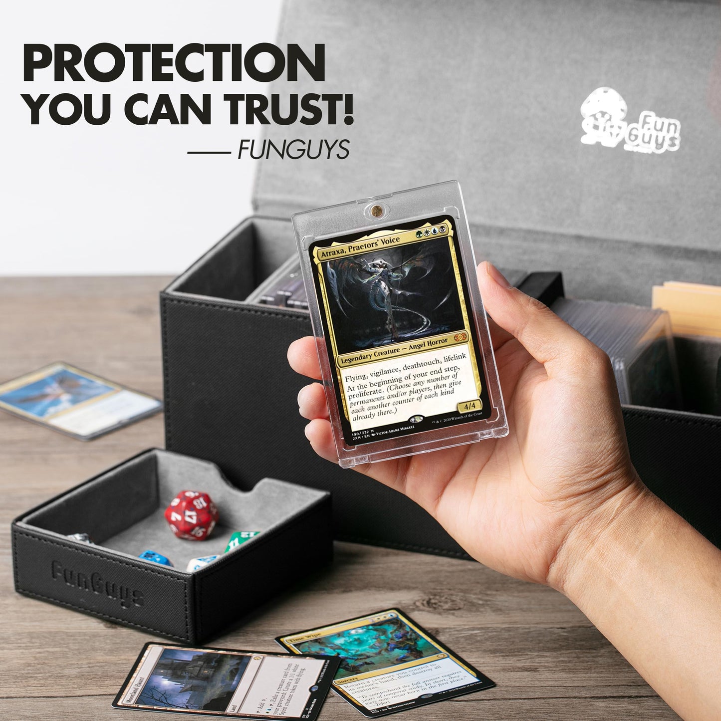 FunGuys Trading Card Deck Box - Holds 500+ Cards, Faux Leather, Black, 15 x 5 x 4.7, Model FGUG-TDB-L1R-DT